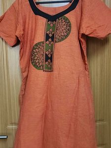 Orange Cotton Kurti With Print