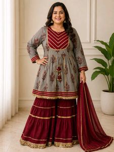 Elegant Grey & Maroon Kurta Set with Dupatta
