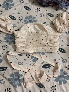Cream Red Polka Dot Off-Shoulder Crop Top