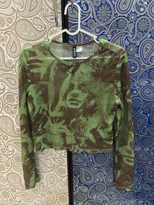 Green Abstract Print Mesh Top