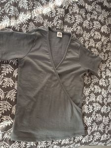 Gray Ribbed Wrap Top
