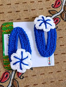 Blue & White Crochet Hair Clips Set