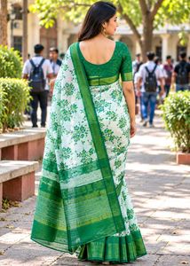 Elegant White &amp; Green Floral Saree