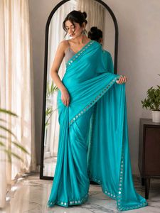 Elegant Teal Saree with Mirror Work Border
