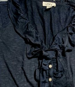 Loft Navy Blue Ruffle Detail Top