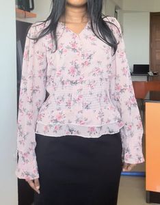 Chic Floral Print Smocked Blouse