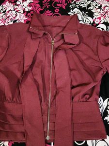 Maroon Crop Jacket with Pleated Details