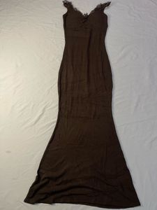 Elegant Brown Lace Trim Maxi Dress