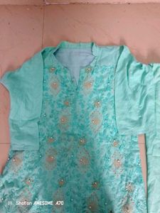 Embroidered Aqua Kurti Set With Duppta