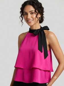 Chic Fuchsia Halter Top with Black Bow Accent
