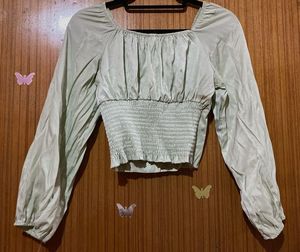 Light Green Ruched Button-Up Top ( Bust: 23.5inch)