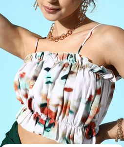 Chic Abstract Print Ruffle Crop Top