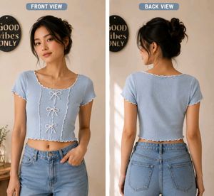 🌸 Pastel Blue Ribbed Coquette Crop Top 🎀