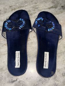 Chic Blue Velvet Bow Slides