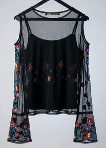 Embroidered Cold Shoulder Mesh Top