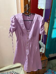 Cute Purple Puff Sleeve Button Dress