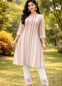 Vibrant Striped Kurta Set with Lace Detail