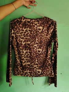 Leopard Print Lace-Up Long Sleeve Top