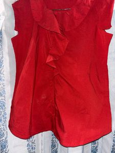 Red Ruffle Front Button-Up Top