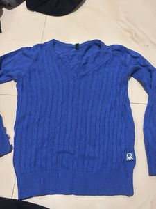 Blue Cable Knit V-Neck Sweater
