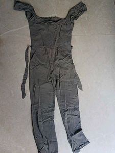 Chic Grey Off-Shoulder Tie-Waist Jumpsuit