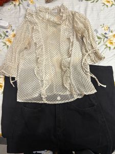 Black Wide Leg Jeans with white polka dot sheer to