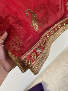 Red Embroidered Net Dupatta