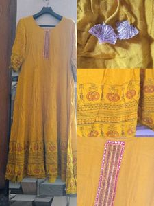 Sun Yellow Cotton Anarkali Frock with Intricate Ge