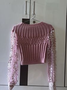 Chic Pink Mesh Sleeve Cropped Sweater
