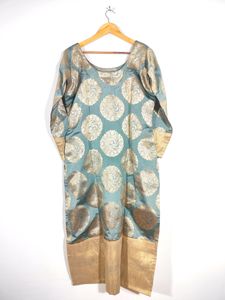 Grey With Gold Floral Print Ethnic Kurta (Women's)
