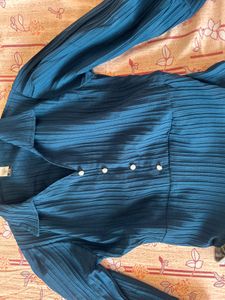 Teal Pleated Button-Down Top