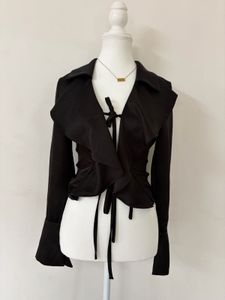 satin Chic Black Tie-Front Blouse✨