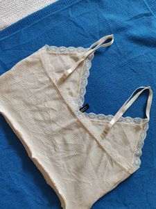 H&amp;M Cream Ribbed Lace Trim Camisole Top