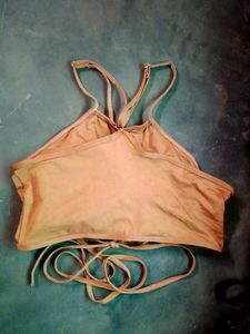 Boho Lace-Up Halter  Crop Top With Attached Bra