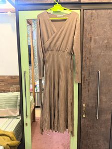 Taupe Belted Knit Elegant Accordian Midi Dress