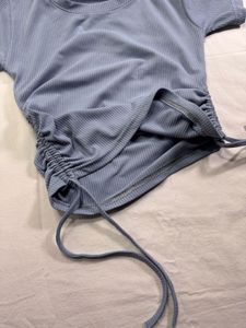 Blue Ribbed Drawstring Top