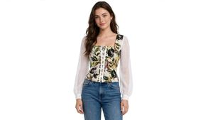Chic Floral Corset Top with Sheer Sleeves
