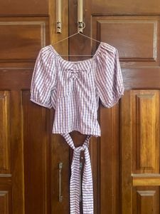 Striped Puff Sleeve Tie-Up Top