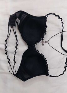 Black Lace Trim Bra with Cross Necklace Detail