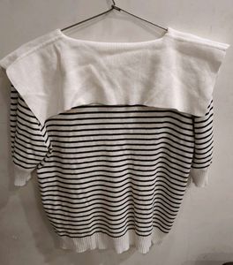 Korean style Striped Knit Top with Sailor Collar