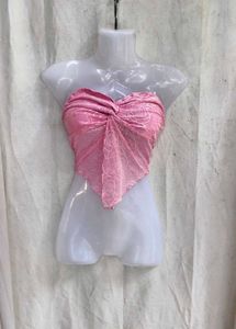 311110. Sheer Pink Rose Print Twist Halter Top