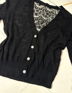 🚨sale🚨Elegant Black Lace Trim Cardigan