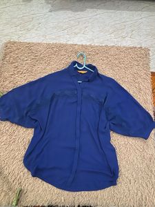 Blue bat wing Lace Detail Button-Down Shirt