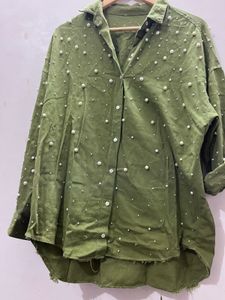 Chic Pearl Embellished Oversized Shirt