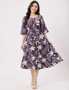 Purple Floral Print Midi Frock
