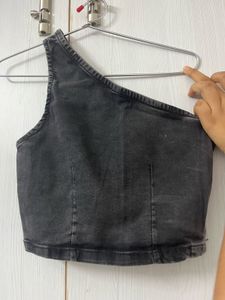 One Shoulder Denim Crop Top