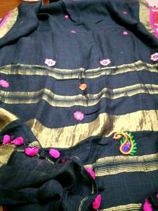 free shipping pure linen Elegant Black Saree witho