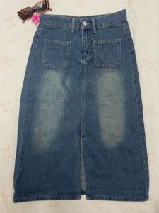 Denim Midi Skirt with Front Slit