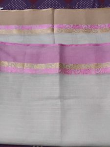 Elegant White Pink Zari Linen Saree