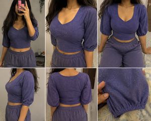 Purple Shimmer Balloon Sleeve Top | SHEIN | Ele